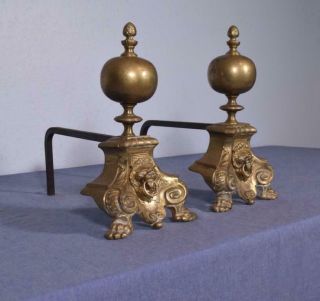12 " Antique Bronze And Iron Andirons Fireplace Chenet With Lion Faces