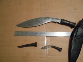 Antique Bhojpure kukri.  11.  5 in.  blade,  w/accessory knives and sheath 2