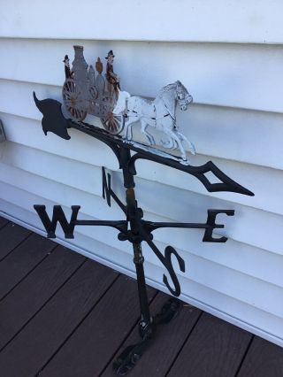 Vtg Metal Horse Drawn Fire Engine Truck Firemen Weathervane 5