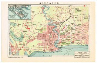 1909 Dated Singapore City Plan Map Malaysia South East Asia
