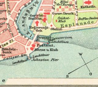 1909 Dated Singapore city plan map Malaysia South East Asia 2