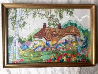 2 x Vintage Embroideries English Country Cottages Gardens Oast Houses framed 10