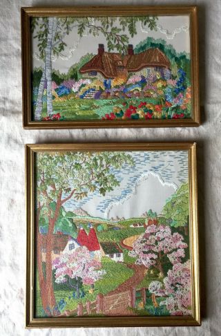 2 x Vintage Embroideries English Country Cottages Gardens Oast Houses framed 3