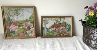 2 x Vintage Embroideries English Country Cottages Gardens Oast Houses framed 4