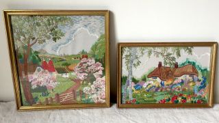 2 x Vintage Embroideries English Country Cottages Gardens Oast Houses framed 5