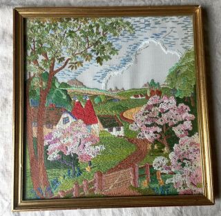 2 x Vintage Embroideries English Country Cottages Gardens Oast Houses framed 6