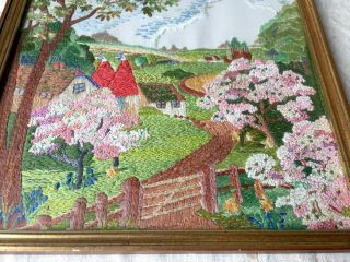 2 x Vintage Embroideries English Country Cottages Gardens Oast Houses framed 7