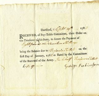 Revolutionary War Connecticut Pay Receipt For Money Due To A Soldier 1782 - 1783