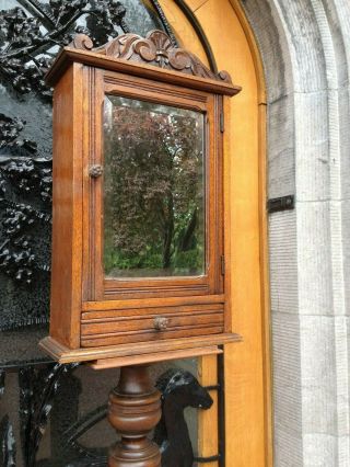 Antique German Carved Wood Ornamental Wall Mirror Apothecary Medicine Cabinet
