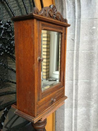 Antique German Carved Wood Ornamental Wall Mirror Apothecary Medicine Cabinet 2