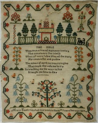 Mid 19th Century " The Bible " Verse & Motif Sampler By Mary Smith Aged 10 - 1859