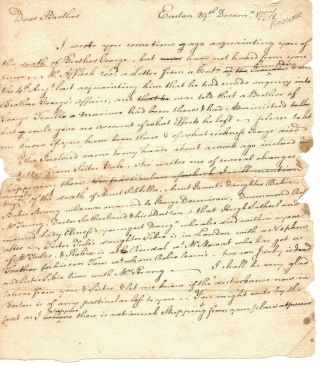 Revolutionary War Partial Letter December 1774 Regarding Disturbance In Boston