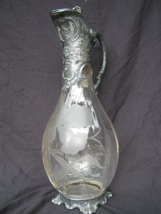 Wmf Art - Nouveau Period Etched Glass Claret Jug With Plated Metal Mounts.  Irises