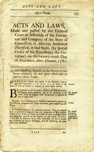 Revolutionary War Connecticut Acts & Laws November 1780 Plunder & Illicit Trade