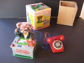 1950s VINTAGE CRAGSTAN TIN BATTERY OPERATED TELLY BEAR WITH BOX_JAPAN_WORKING 12
