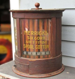 Antique Merrick ' s Cylinder Oak Spool Cabinet General Store Display 4