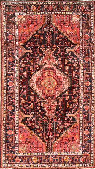 Vintage Geometric 5x9 Hamedan Persian Oriental Hand - Knotted Black & Red Wool Rug