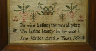 SMALL EARLY 19TH CENTURY MOTIF & VERSE SAMPLER BY JANE HUTTON AGED 9 - 1834 8