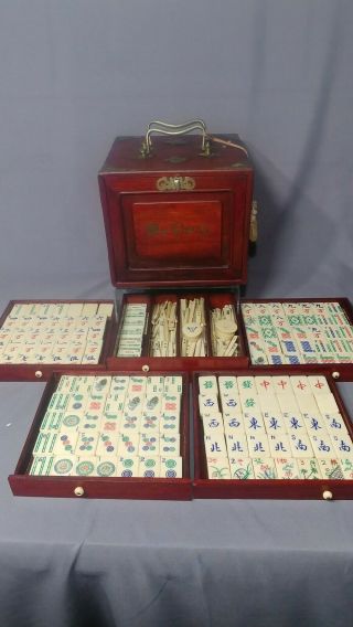 Antique Chinese Bone & Bamboo Mah Jong Set Dovetail Rosewood Chest Complete Set
