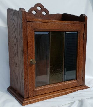 Antique Oak Display Cabinet W Leaded Glass Door Beveled Clear & Amber