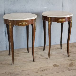 Lovely Pair X2 French Antique Marble Top Side Tables With Bronze,  Bedside