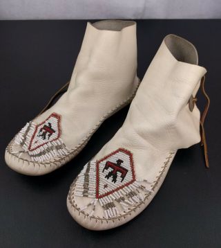 Vtg White Leather Moccasins Hi Top Shoes Handmade Beads Native American Indian