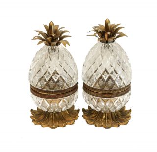 Pair French Crystal Glass And Gilt Bronze Pineapple Egg Form Jars,  Circa 1920