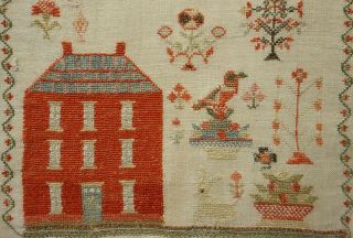 MID 19TH CENTURY RED HOUSE & MOTIF SAMPLER - c.  1845 10