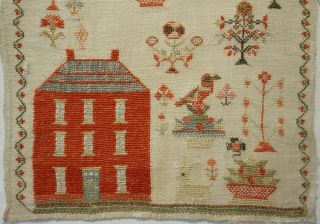 MID 19TH CENTURY RED HOUSE & MOTIF SAMPLER - c.  1845 3