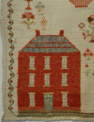 MID 19TH CENTURY RED HOUSE & MOTIF SAMPLER - c.  1845 6
