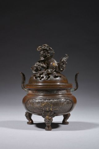 Antique Chinese Bronze Censer With Shishi Lion.
