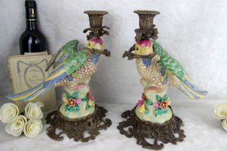 Pair Faience Porcelain Parrot Birds Couple Statue Candle Holders 1970 