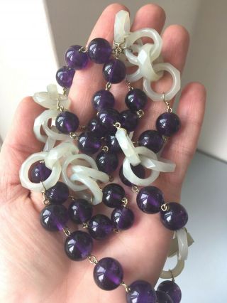 Antique Chinese White Mutton Fat Jade Devil ' s Work Rings Amethyst Beads Necklace 4