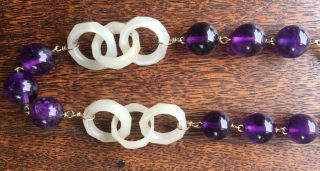 Antique Chinese White Mutton Fat Jade Devil ' s Work Rings Amethyst Beads Necklace 9