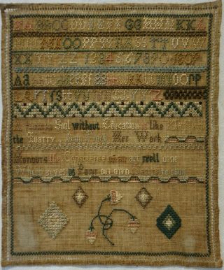 Small Early 19th Century Quotation,  Motif & Alphabet Sampler By Ann Finch - 1809