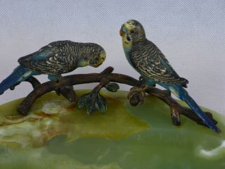 Antique Austrian Cold Bronze Two Parrots Ashtray Green Onyx Base 2