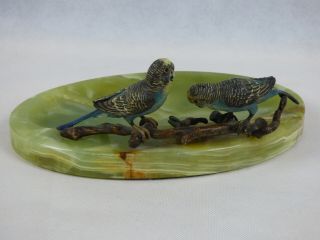 Antique Austrian Cold Bronze Two Parrots Ashtray Green Onyx Base 5