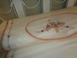 Antique embroidered,  lace coverlet,  pillow (s) and dresser scarf. 3