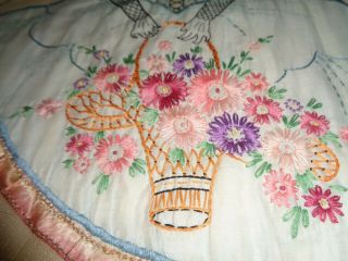 Antique embroidered,  lace coverlet,  pillow (s) and dresser scarf. 5