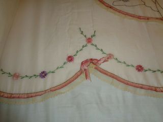 Antique embroidered,  lace coverlet,  pillow (s) and dresser scarf. 6
