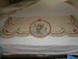 Antique embroidered,  lace coverlet,  pillow (s) and dresser scarf. 8