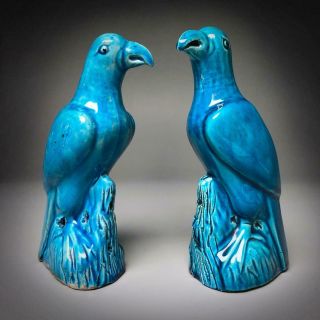 Pair Antique Chinese Porcelain Birds Turquoise Blue 19th Century Bird Statues
