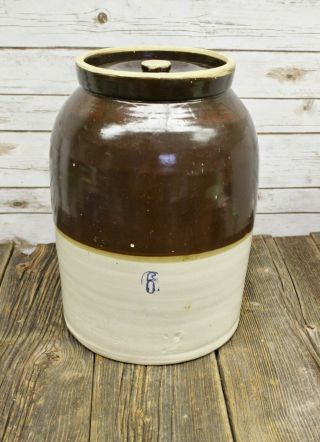 Antique Brown And White 6 Gallon Glaze Stoneware Crock Butter Churn 6 With Lid