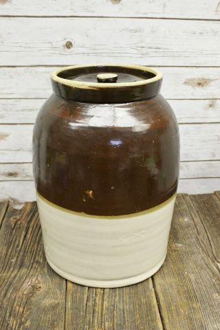 Antique Brown And White 6 Gallon Glaze Stoneware Crock Butter Churn 6 With Lid 3