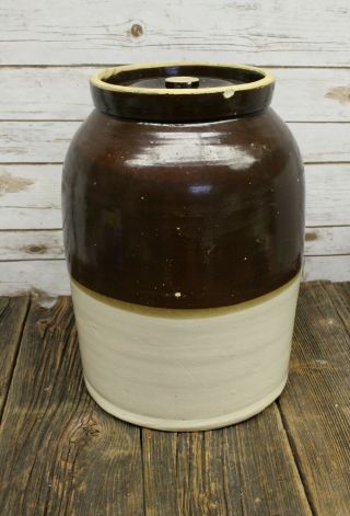 Antique Brown And White 6 Gallon Glaze Stoneware Crock Butter Churn 6 With Lid 4