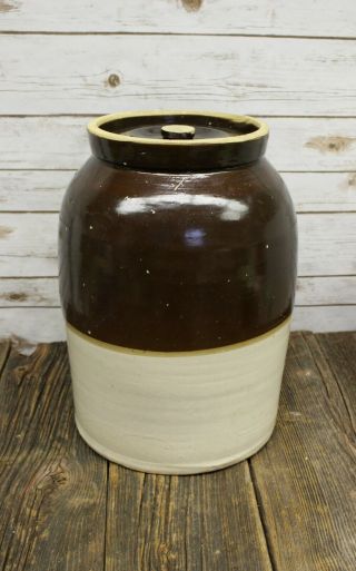 Antique Brown And White 6 Gallon Glaze Stoneware Crock Butter Churn 6 With Lid 6