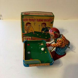 Vintage Wind Up Mechanical Lucky Monkey Playing Billiards Complete