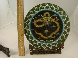Chinese Cloisonne Plates Dragon Motif with Wood Stands Early 20th Cent 10