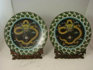 Chinese Cloisonne Plates Dragon Motif With Wood Stands Early 20th Cent