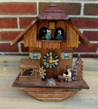 Musical Black Forest Animated Cuckoo Clock Water Wheel,  Dancers,  Man Tipping Ale